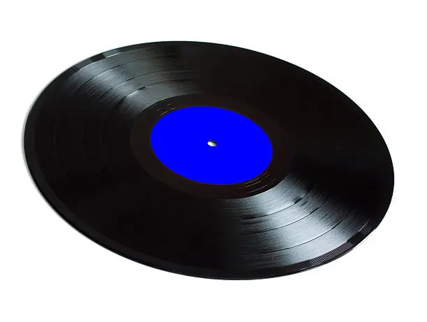 Black long-play vinyl records with blue label isolated on white background. Side view closeup