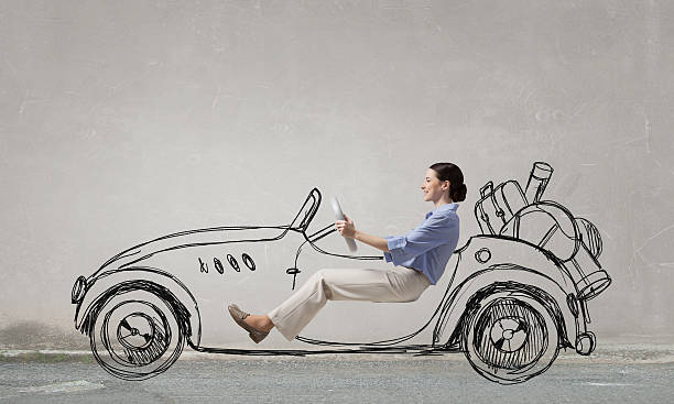istock Woman driving old styled drawn car . Mixed media 585765482