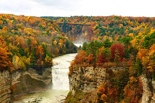 Autumn scene of waterfalls and gorge at Letchworth State Park