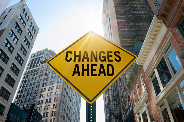 "changes ahead"traffic sign - road sign change directional sign direction imagens e fotografias de stock