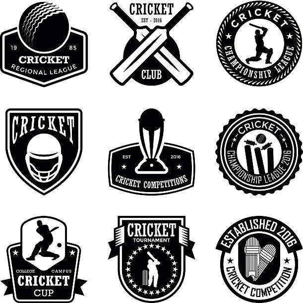 Cricket Badges Set of sports glyph badges. cricket trophy stock illustrations