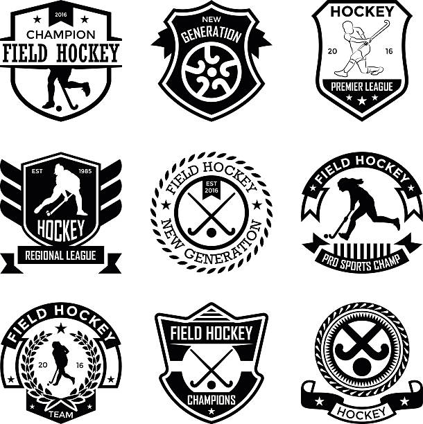 ilustraciones, imágenes clip art, dibujos animados e iconos de stock de insignias de hockey - hockey sobre hierba