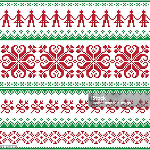 Nordic Seamless Knitted Red And Green Pattern Stock Illustration - Download Image Now - Adult, Art And Craft, Backgrounds