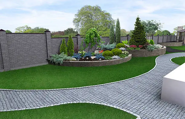 Photo of Front yard horticultural background, 3d render