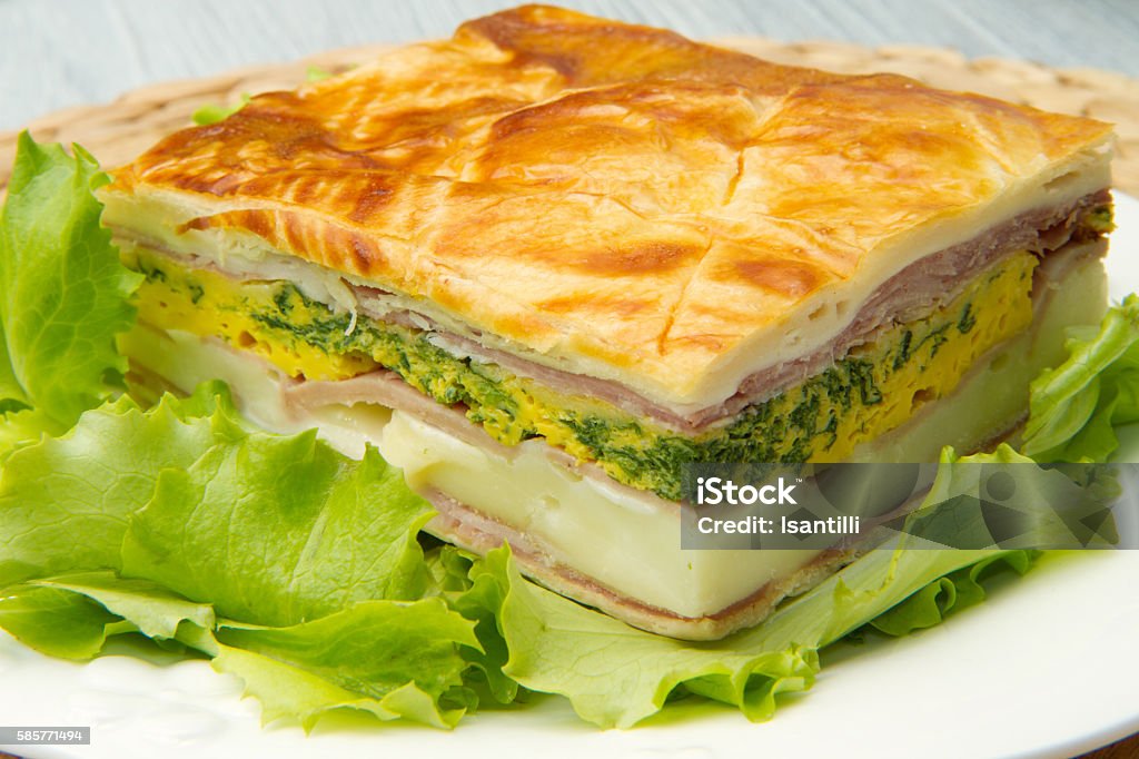 pie with ham ans cheese appetizer with ham, cheese and vegetables Appetizer Stock Photo