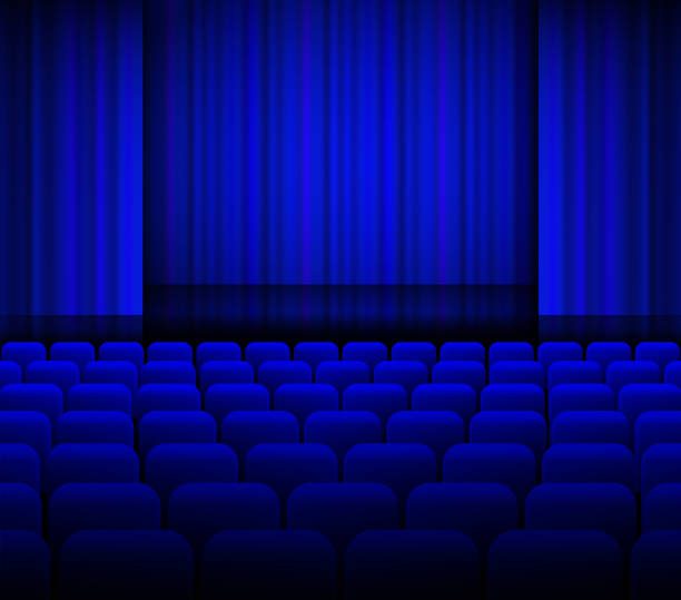 ilustraciones, imágenes clip art, dibujos animados e iconos de stock de cortinas azules de teatro abierto con luz y asientos. - stage theater theatrical performance curtain seat