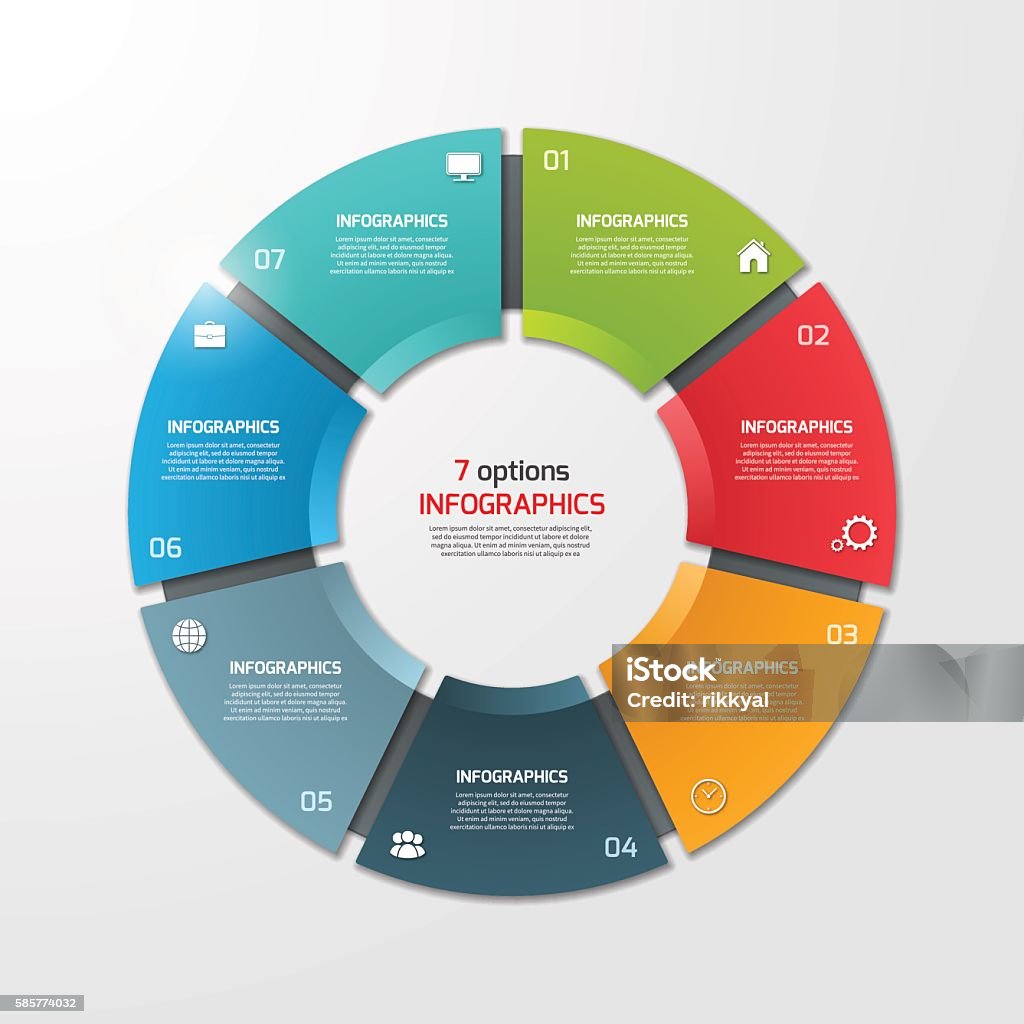 Pie chart circle infographic template with 7 options. Pie chart circle infographic template with 7 options. Business concept. Vector illustration. Number 7 stock vector