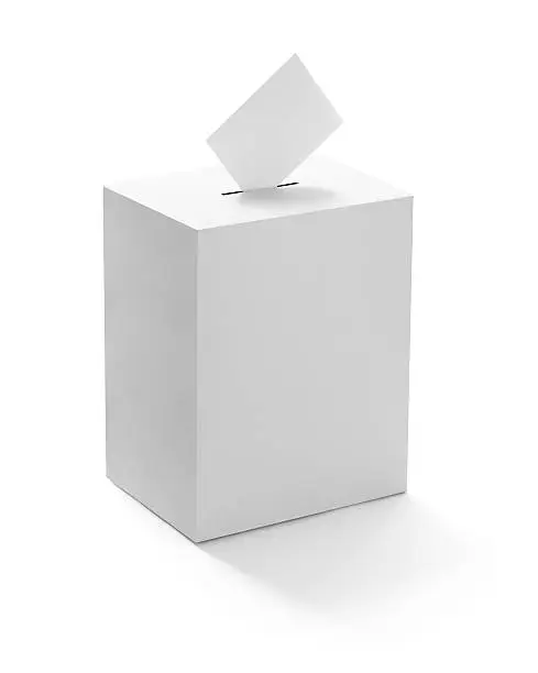 close up of  a ballot box and casting vote on white background