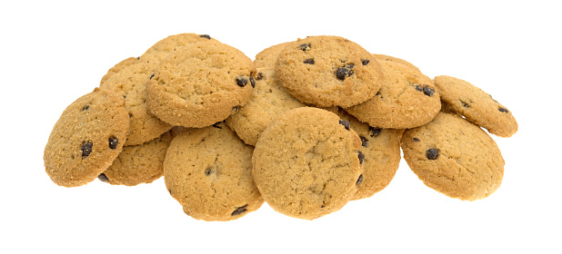 A large group of vanilla chocolate chip cookies isolated on a white background.