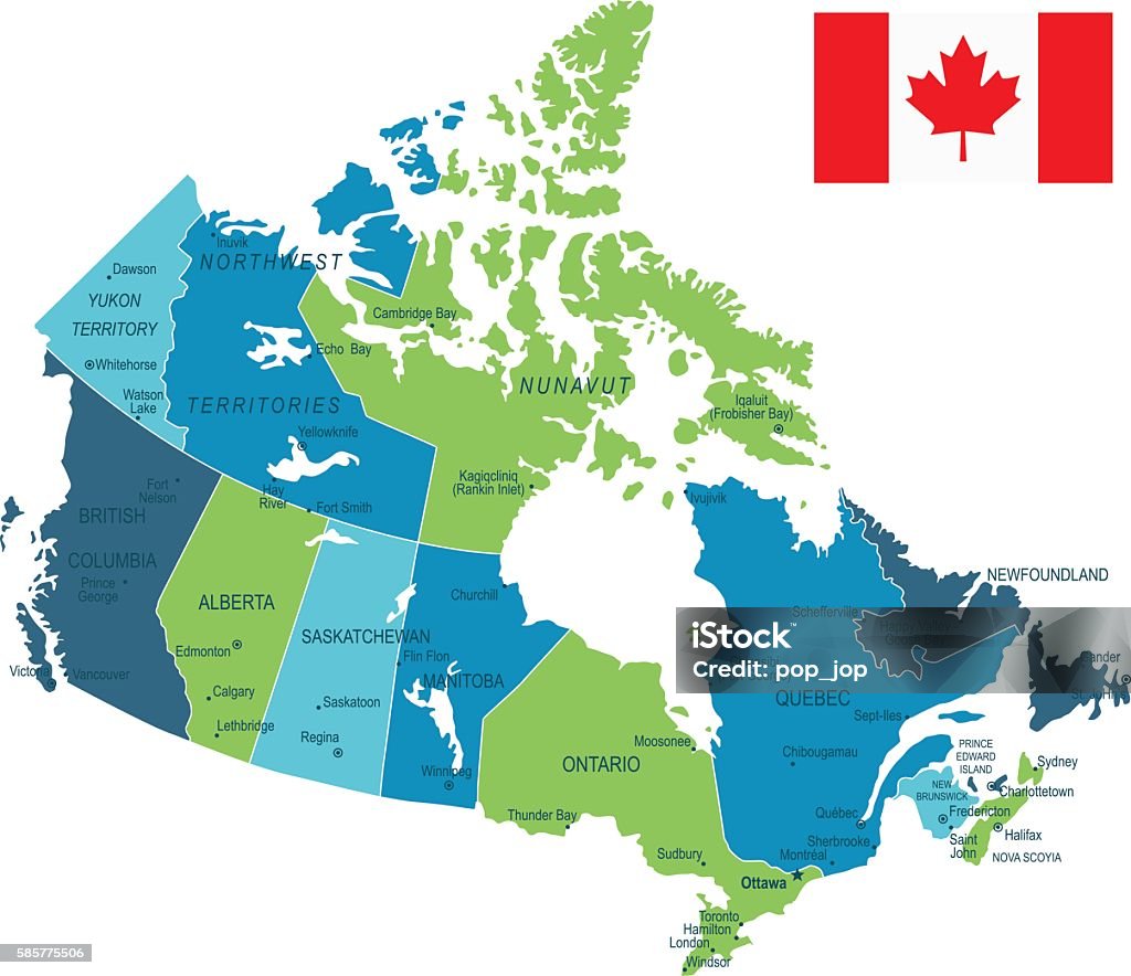 Canada Map Canada Map - illustration  The urls of the reference files are (country, continent, world map and globe):  http://www.lib.utexas.edu/maps/americas/canada_pol99.jpg http://www.lib.utexas.edu/maps/world_maps/time_zones_ref_2011.pdf http://www.lib.utexas.edu/maps/americas/north_america_ref_2010.pdf.  In addition - some region boundaries and city locations were taken from:  http://www.lib.utexas.edu/maps/united_states/usa_pol01.jpg http://www.lib.utexas.edu/maps/americas/mexico_pol97.jpg http://www.lib.utexas.edu/maps/americas/canada_pol_1986.gif  - The illustration was completed January 05, 2016 and created in Corel Draw  - 1 layer of data used for the detailed outline of the land Map stock vector