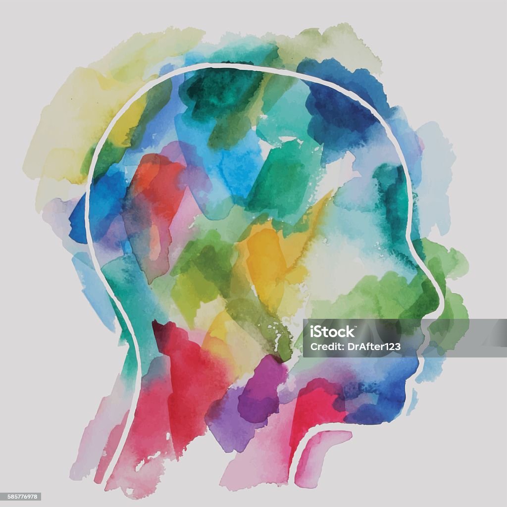 Watercolor Child Head Abstract vector watercolor drawing of a child head. Color of a paper background  and head elements are separated on different layers. Mental Health stock vector