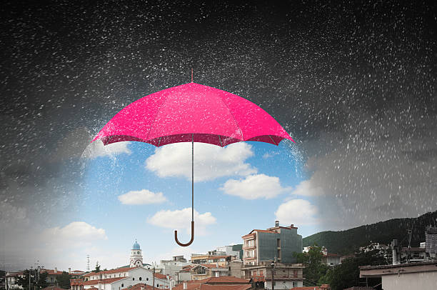 istock Color umbrella in sky . Mixed media 585777736