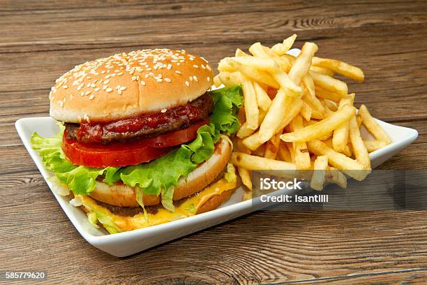 Hamburger With Potatoes Stock Photo - Download Image Now - Backgrounds, Beef, Burger