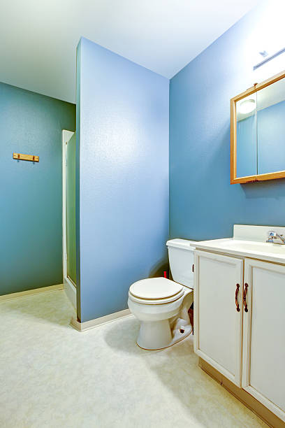 istock Blue interior of old style bathroom with linoleum flooring 585785444