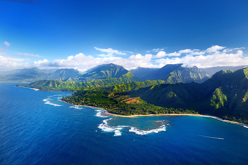 Aerial view of Hanalei Beach pier Bay Kauai Hawaii USA