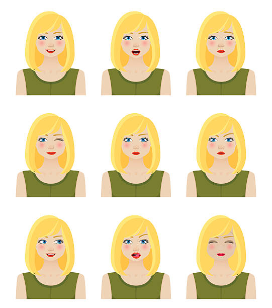 atrakcyjna dziewczyna pokazująca różne mimiki twarzy - sullen female blond hair women stock illustrations