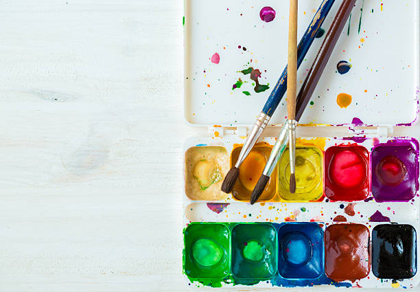 istock Used watercolor paint box top down view 585786712