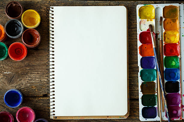 istock Painting set: paper, brushes, paints, watercolor, acrylic paint 585788538