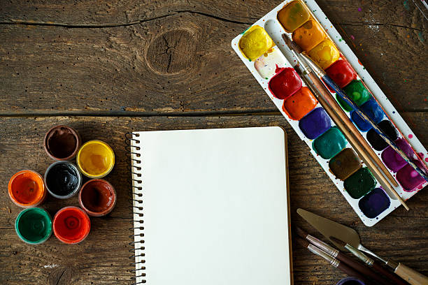 istock Painting set: paper, brushes, paints, watercolor, acrylic paint 585788652