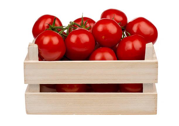 istock Fresh tomatoes in wooden crate isolated. 585789390