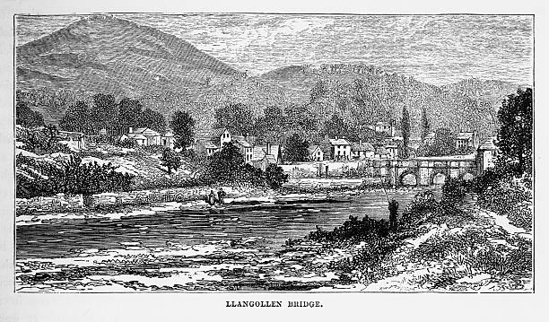 ilustrações, clipart, desenhos animados e ícones de ponte llangollen, em llangollen, gales victorian graving, circa 1840 - dee river illustrations