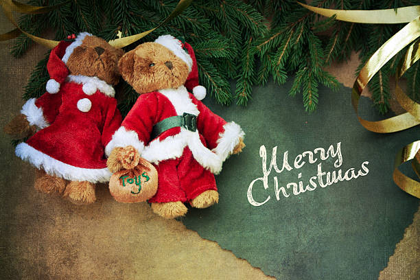 istock Cute vintage teddy bear . Retro christmas decoration 585792634