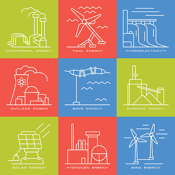 vektor-set von web-icons auf stromerzeugungsanlagen - tide power wave fuel and power generation stock-grafiken, -clipart, -cartoons und -symbole