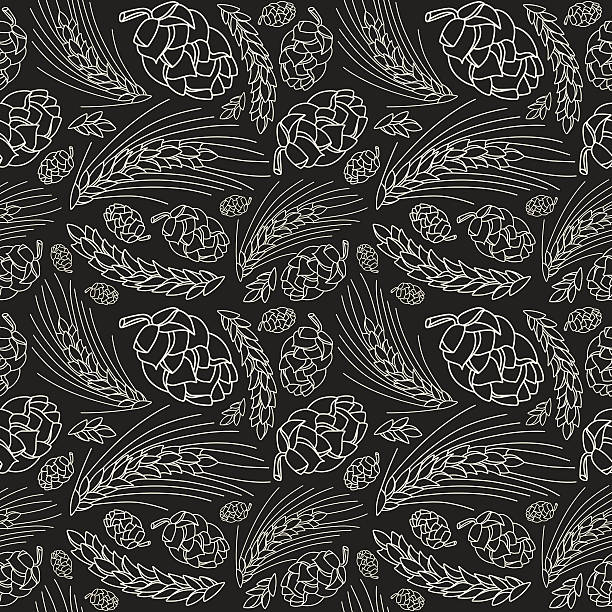 Malt and cone hop seamless pattern Malt and cone hop seamless pattern. Ingredients for brewing beer. White print on black background hops crop illustrations stock illustrations