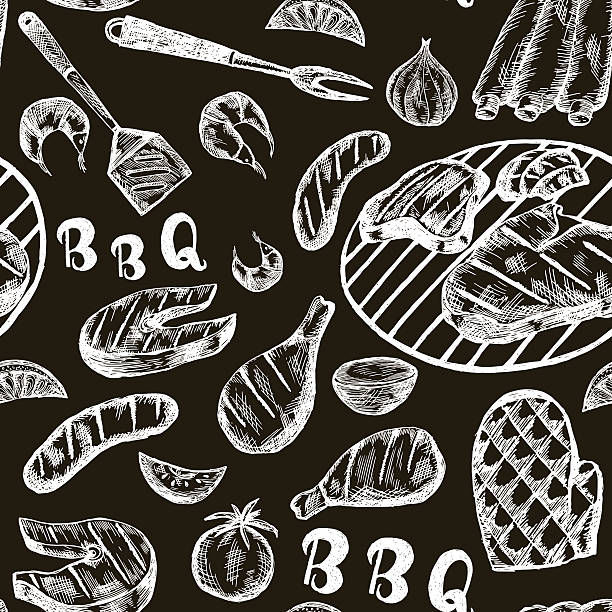 illustrazioni stock, clip art, cartoni animati e icone di tendenza di modello con cibo barbecue su carta artigianale. - cooked chicken sketching roasted