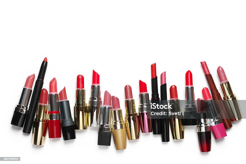 Colorful cosmetic lipsticks set Set of opened various colorful cosmetic lipsticks isolated on white background. Top view point. Lipstick Stock Photo