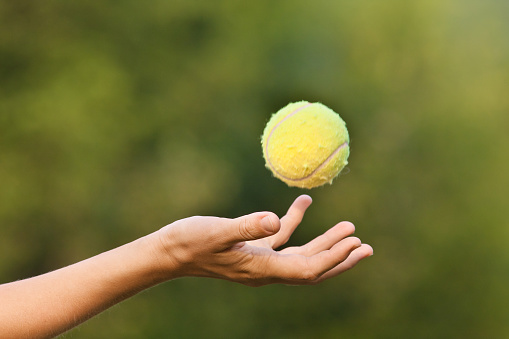 hand tossing tennis ball on green blurred background