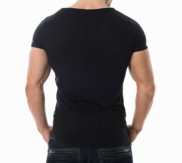 istock Rear View Of Man In Black Tshirt On White Background 585801980