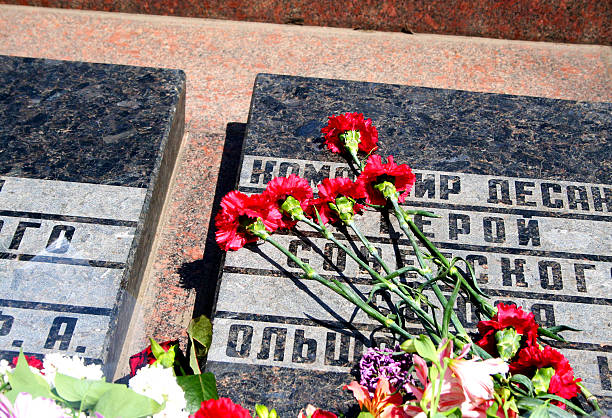 istock Red carnation flowers lie on the monument 585802218
