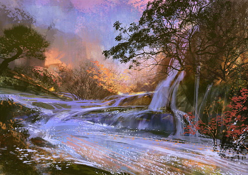 landscape digital painting of beautiful purple waterfall