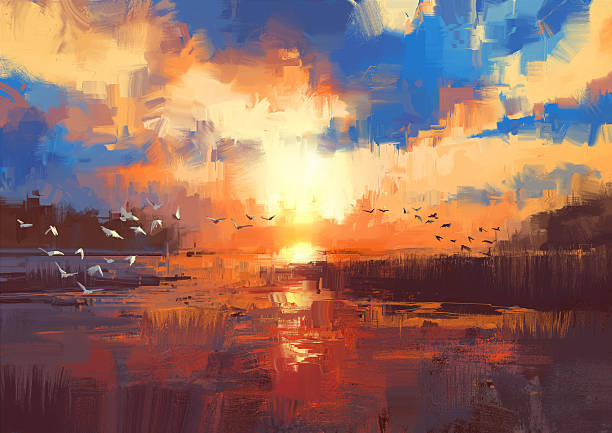 закат на озере,иллюстрация - oil painting paintings landscape painted image stock illustrations