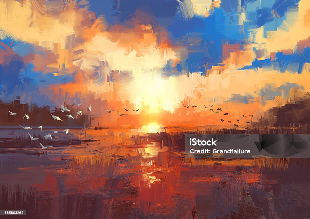 sunset on the lake,illustration beautiful painting showing sunset on the lake,illustration Sunset stock illustration