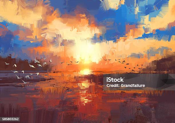 Sunset On The Lake Illustration Stock Illustration - Download Image Now - Sunset, Watercolor Painting, Landscape - Scenery