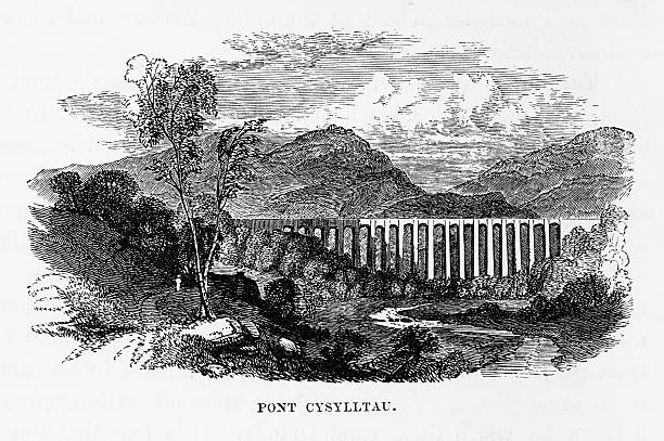 ilustrações, clipart, desenhos animados e ícones de pont cysylltau aqueduct, wrexham, wales victorian graving, circa 1840 - dee river illustrations