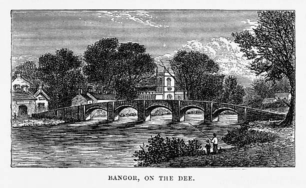 ilustrações, clipart, desenhos animados e ícones de bangor pelo rio dee, bangor, gales victorian gravura, 1840 - dee river illustrations