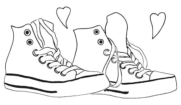 ilustraciones, imágenes clip art, dibujos animados e iconos de stock de zapatillas monocromáticas en blanco y negro zapatos corazones amor vector aislado - illustration and painting pencil drawing image sports shoe