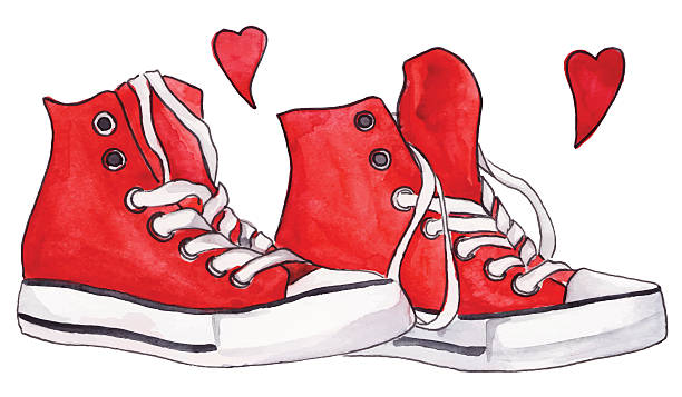 ilustrações, clipart, desenhos animados e ícones de aquarela de tênis vermelhos pares de sapatos corações amam vetor isolado - illustration and painting pencil drawing image sports shoe