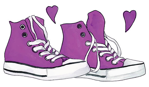 ilustraciones, imágenes clip art, dibujos animados e iconos de stock de acuarela púrpura carmesí zapatillas par zapatos corazones amor vector aislado - illustration and painting pencil drawing image sports shoe