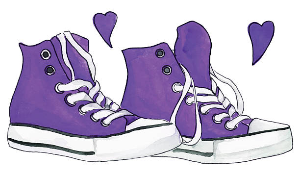 ilustraciones, imágenes clip art, dibujos animados e iconos de stock de zapatillas de acuarela violeta púrpura par de zapatos corazones amor vector aislado - illustration and painting pencil drawing image sports shoe