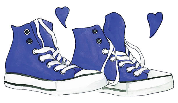 ilustraciones, imágenes clip art, dibujos animados e iconos de stock de acuarela zapatillas azul marino par zapatos corazones amor vector aislado - illustration and painting pencil drawing image sports shoe