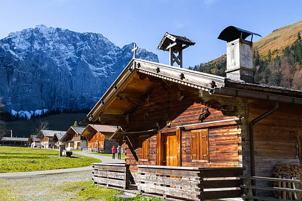 Autumn scenery of Engalm with alpine village Almdorf Eng, Austria,Tyrol.