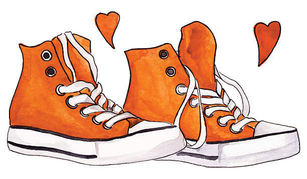 ilustraciones, imágenes clip art, dibujos animados e iconos de stock de zapatillas de acuarela naranja par de zapatos corazones amor vector aislado - illustration and painting pencil drawing image sports shoe