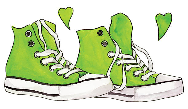 ilustrações, clipart, desenhos animados e ícones de aquarela neon verde tênis par sapatos corações amam vetor isolado - illustration and painting pencil drawing image sports shoe