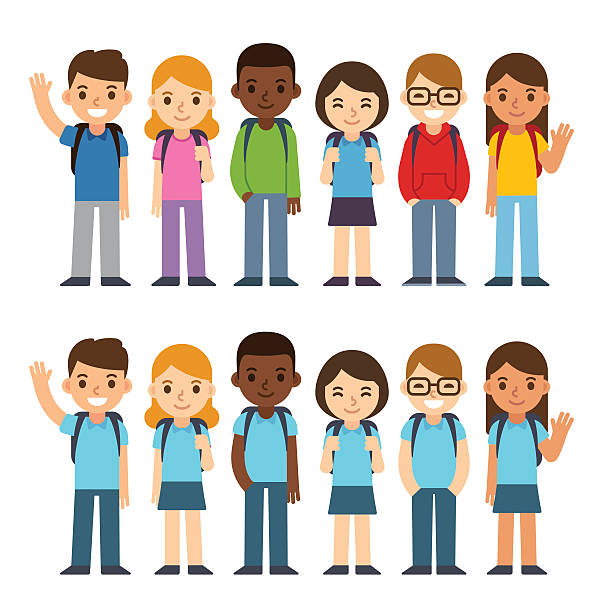 School children set Set of diverse children with backpacks in school uniform and casual clothes. Cute cartoon simple flat vector style. Back to school illustration. lineup stock illustrations