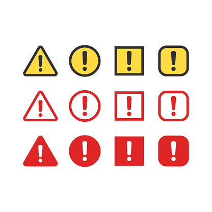 Warning, attention signs set. Exclamation mark symbol, bright danger colors. Triangle, circle and rectangle vector icons.