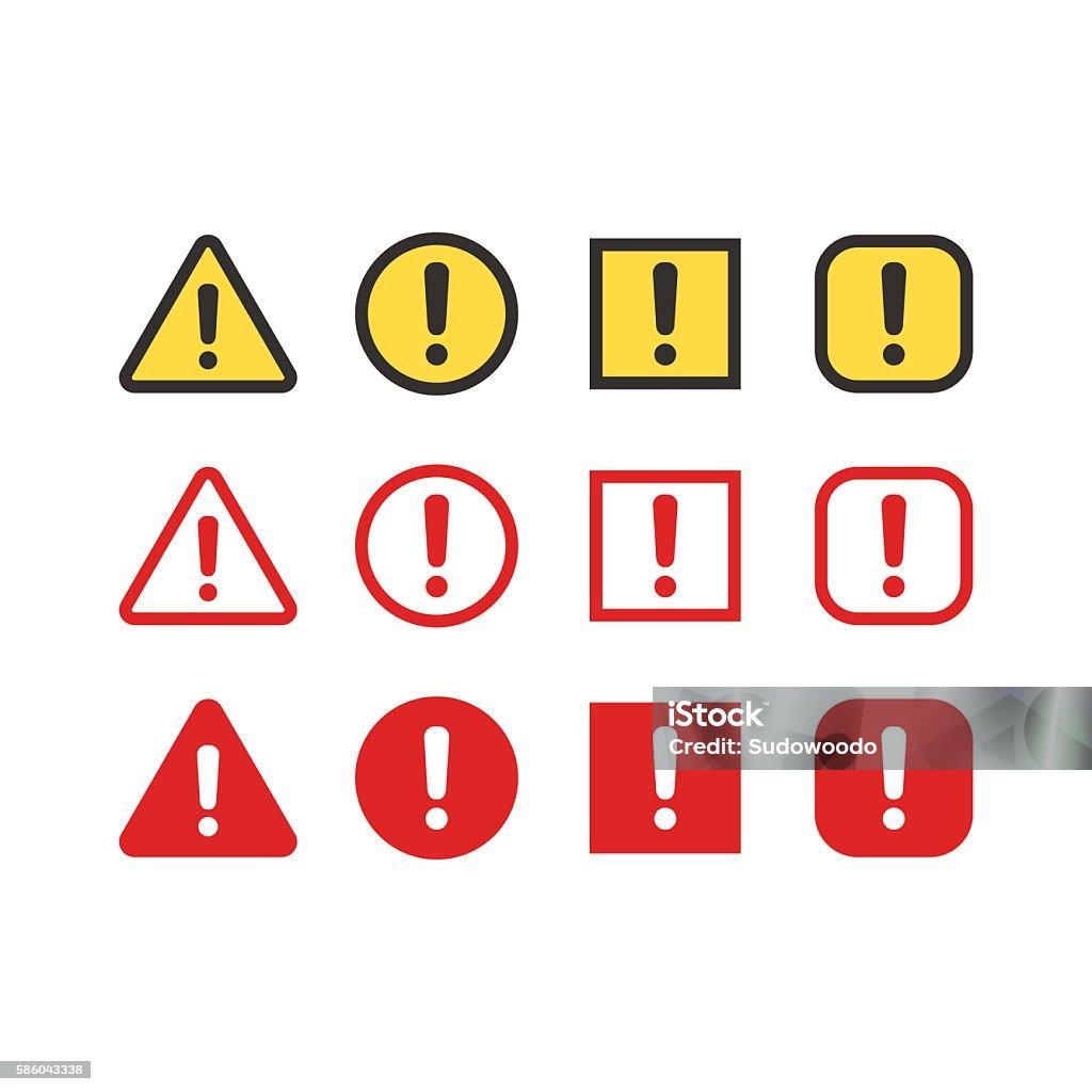 Warning signs set Warning, attention signs set. Exclamation mark symbol, bright danger colors. Triangle, circle and rectangle vector icons. Icon Symbol stock vector
